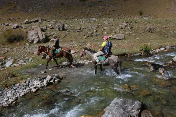 Durant les treks, les chevaux transportent les bagages, mais aussi quelquefois les randonneurs.
