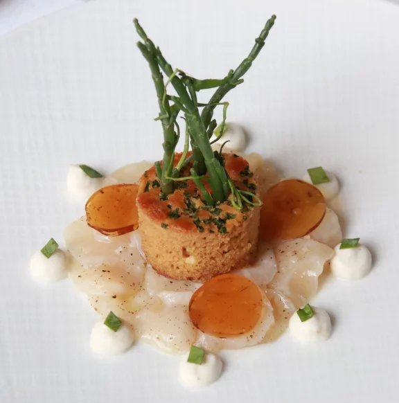 Carpaccio de saint-Jacques, soja et wasabi avec son gâteau de maïs à la salicorne.