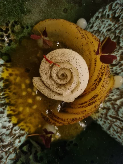 Poire william rôtie, en gel, en sorbet avec une brunoise de poire et son jus de safran.