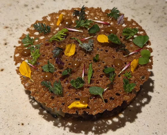 Carpaccio d'écrevisse et de chevreuil recouvert d'une tuile réalsée avec une bisque.