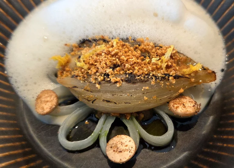 L'oignon sous toutes ses formes : confit, caramélisé, en purée, en espuma et farci avec une duxelles de champignons.