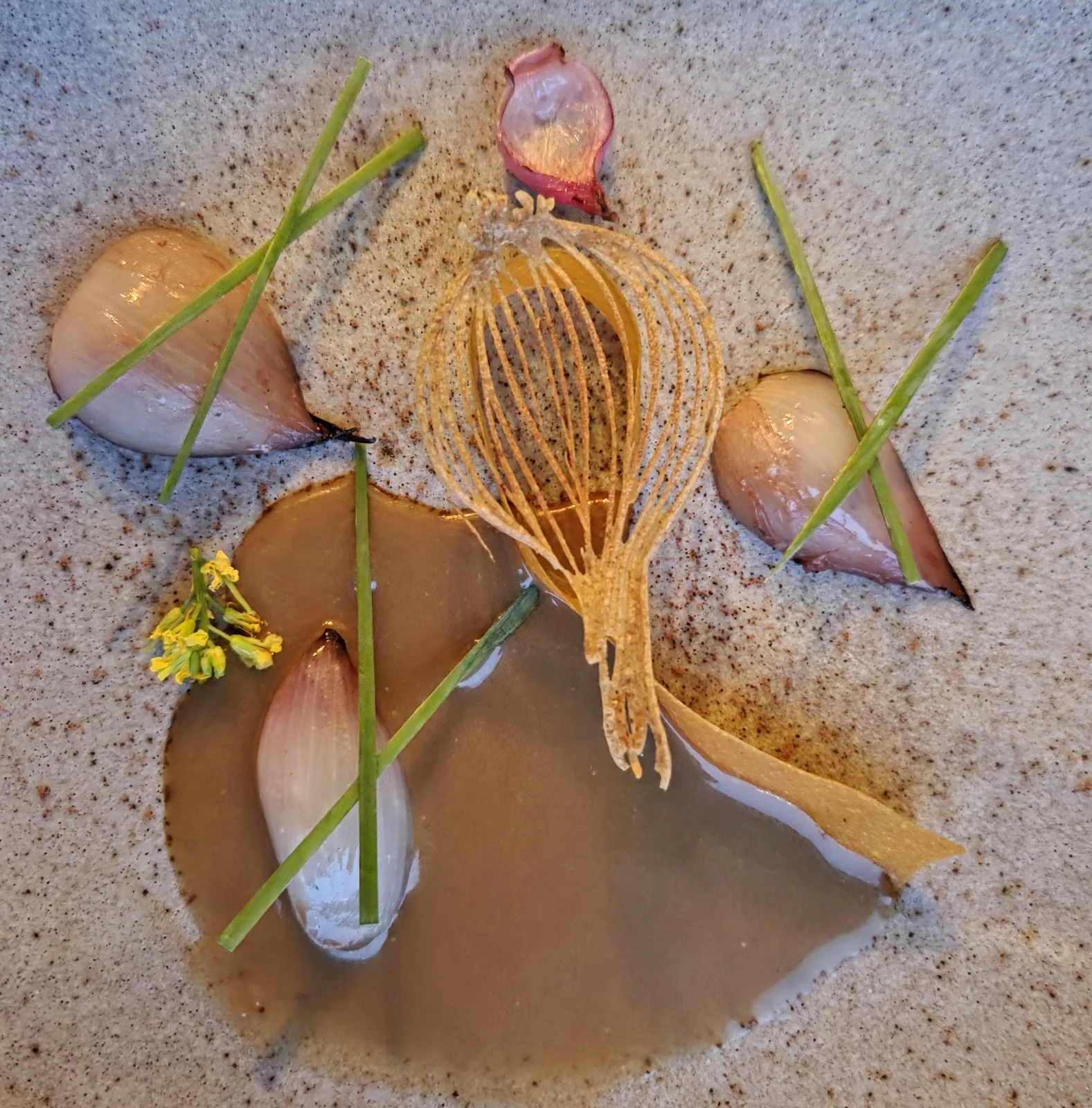 Oignons de Roscoff, rôtis, en chips, en cuir avec une sauce imitant la soupe à l'oignon.