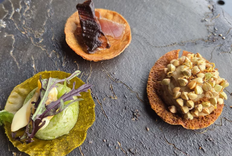 Trois tartelettes en amuse-bouche : aux algues, aux coques et à la crème végétale, aux graines de sarrasin torréfiées avec foie gras végétal, et aux boeuf séché.