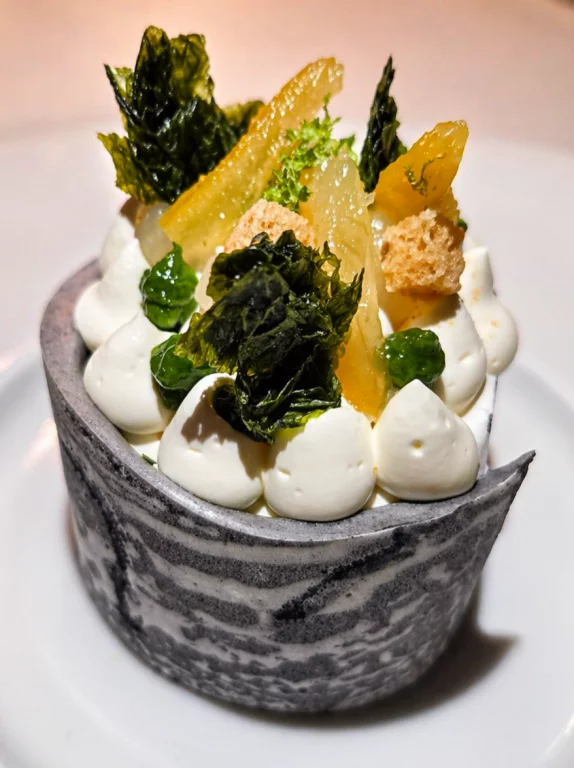 Meringue marbrée à l'encre de seiche avec à l'intérieur un sorbet à la roquette avec son chapeau de ganache blanc, yuzu et chips d'algue.