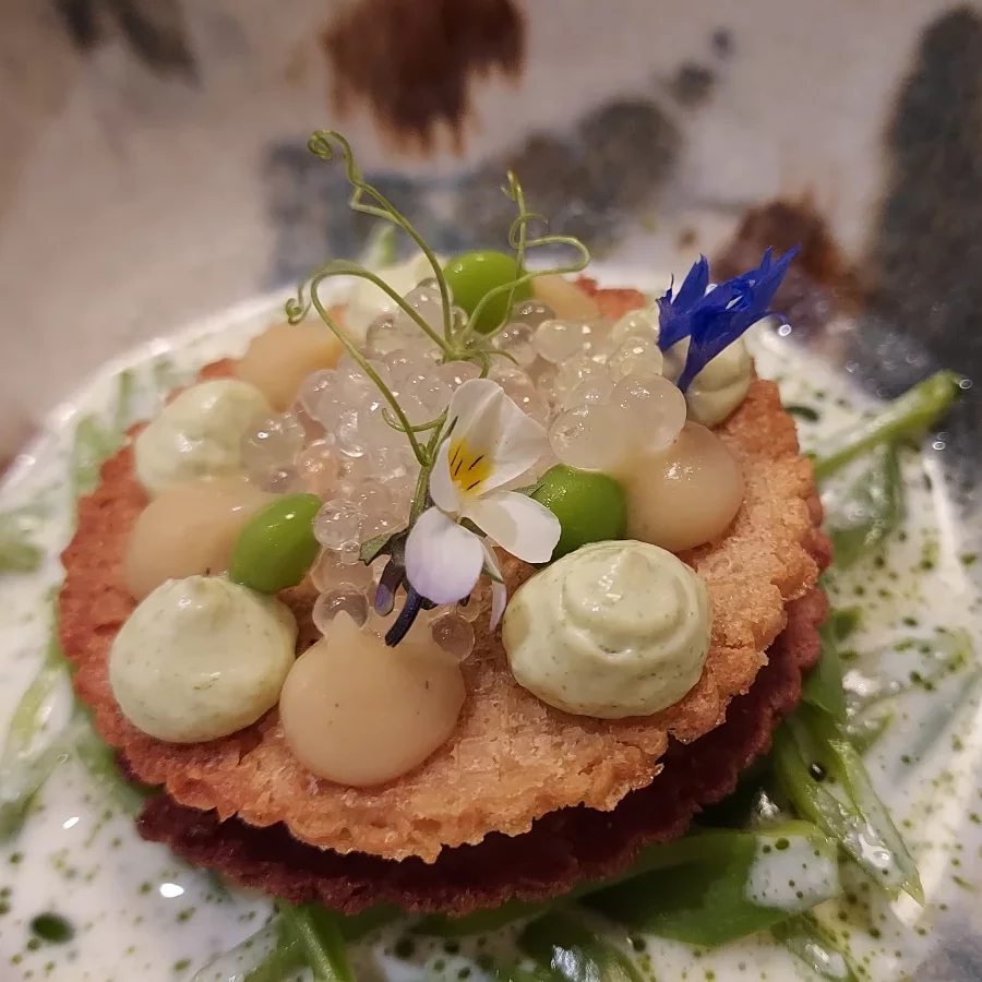 Pois gourmands, crème d'oignons, huile de persil, gaufrette de fèves fumées.