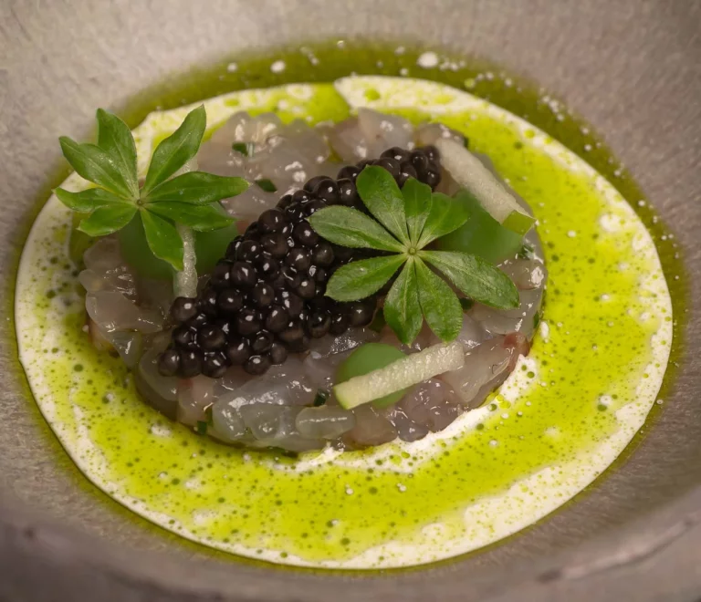Tartare de bar, concombre wasabi et pomme.