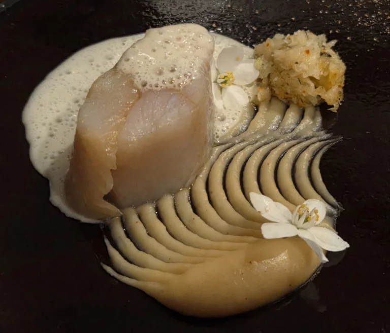 Truite fario marinée façon gravlax avec sa sauce au lard et sa crème de panais et de radis noir.