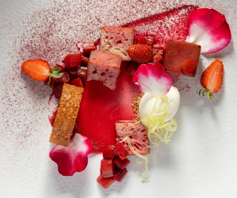 Rhubarbe, baba, hibiscus et yaourt