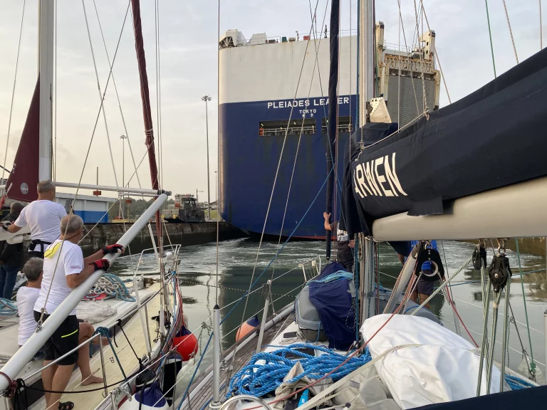 Les petits voiliers sont des petits nains rangés par trois derrières les plus gros porte-conteneurs du monde, les Panamax.
