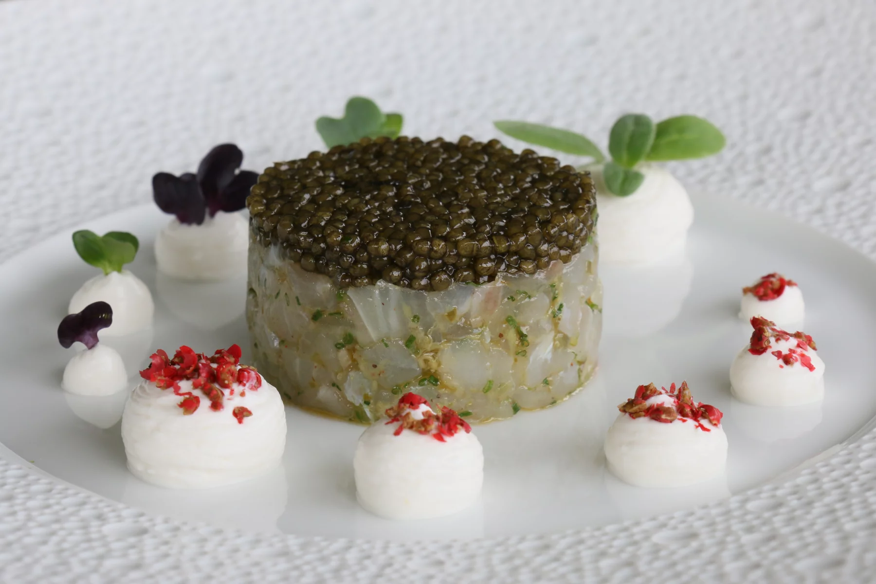 Tartare de bar, caviar et yaourt au raifort.