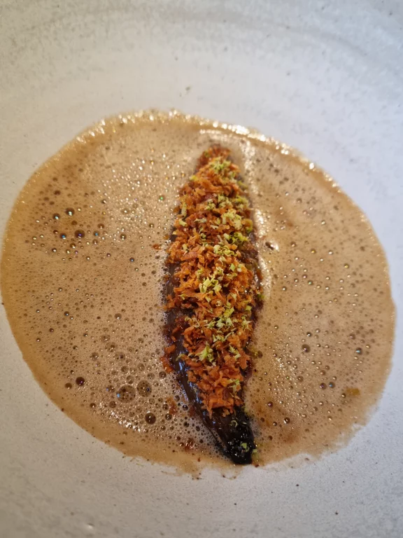 Echalote confite fermentée, saupoudée de polypodes.